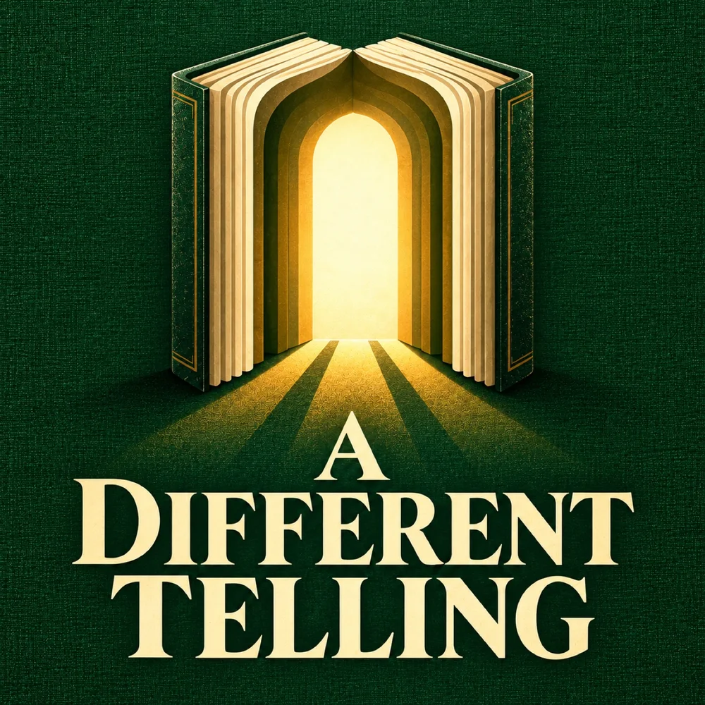 A Different Telling cover: the pages of an open book form a doorway glowing with warm golden light.